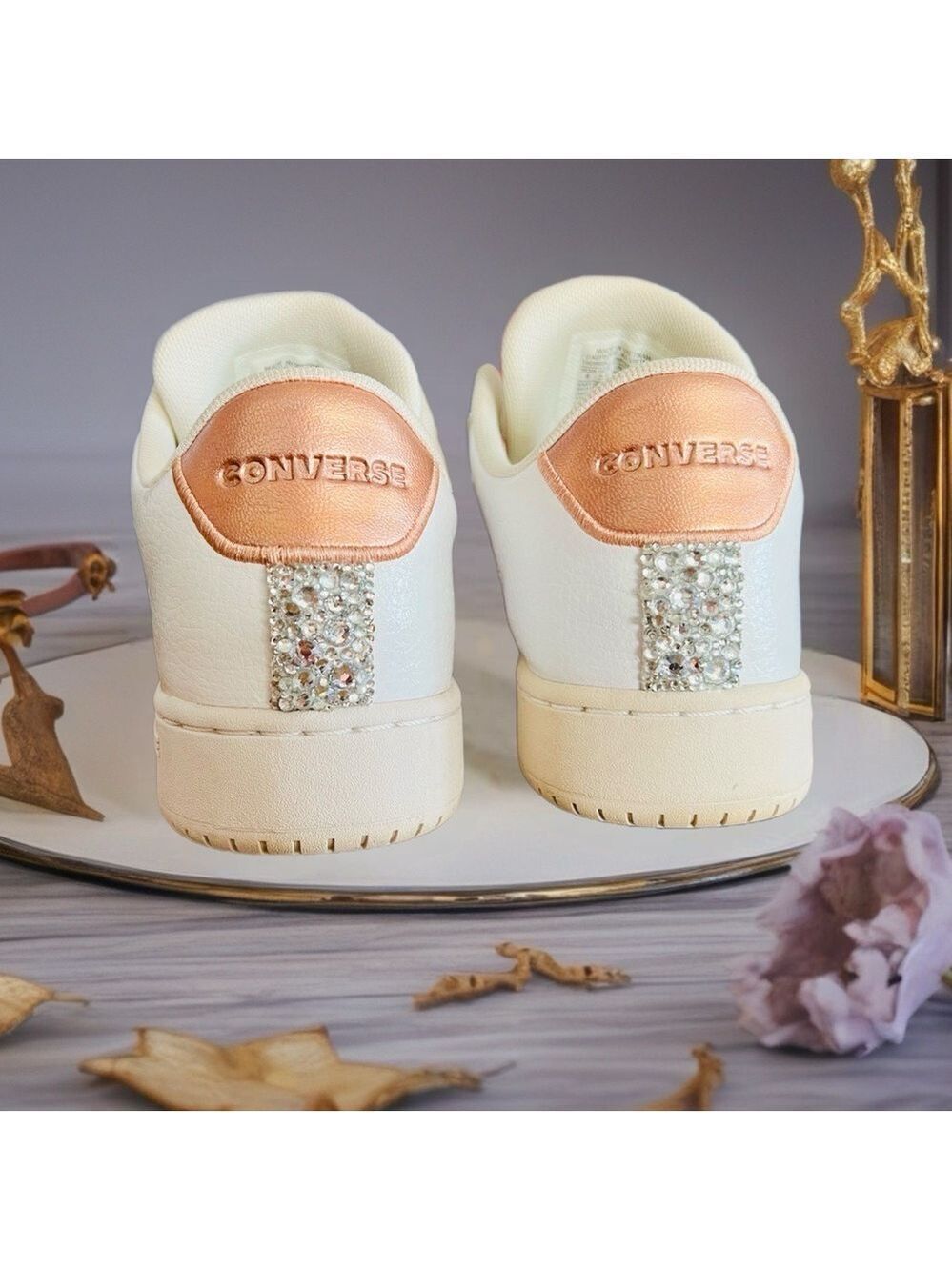 Converse Rose Gold White Sneakers Large Rhinestone Accents - Picture 2 of 8
